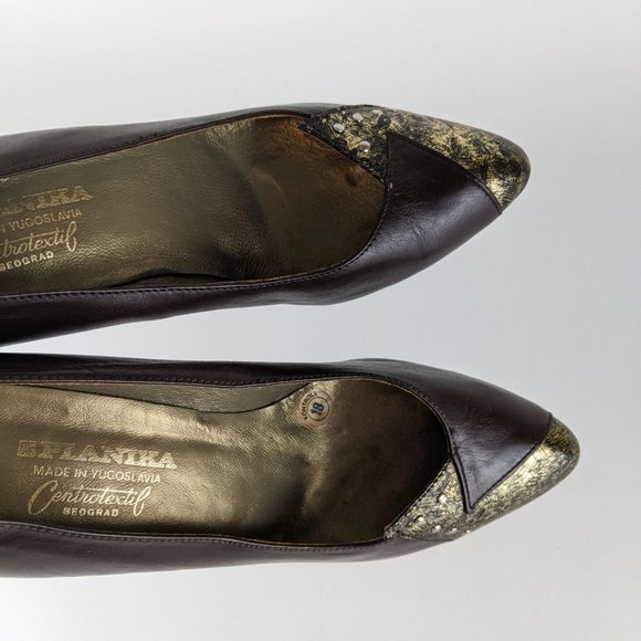 Planika Vintage Leather Retro Brown and Gold High Heel shoes - Picture 5 of 14